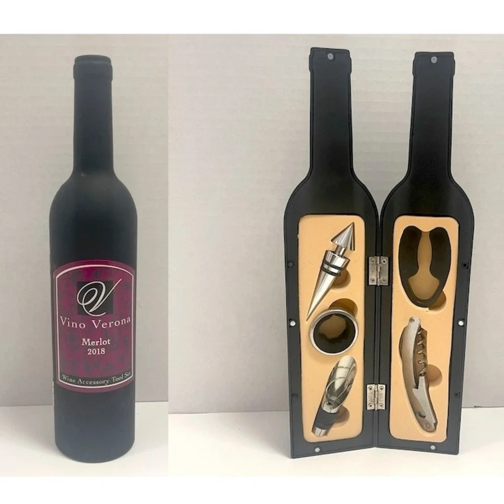 Vino Verona Wine Accessory Tool Set 5 Piece Merlot Bottle Shaped Magnetic Case